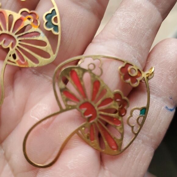 Copper Mushroom Earrings Stained Glass Style Boho Art Dangle Jewelry - Picture 3 of 5